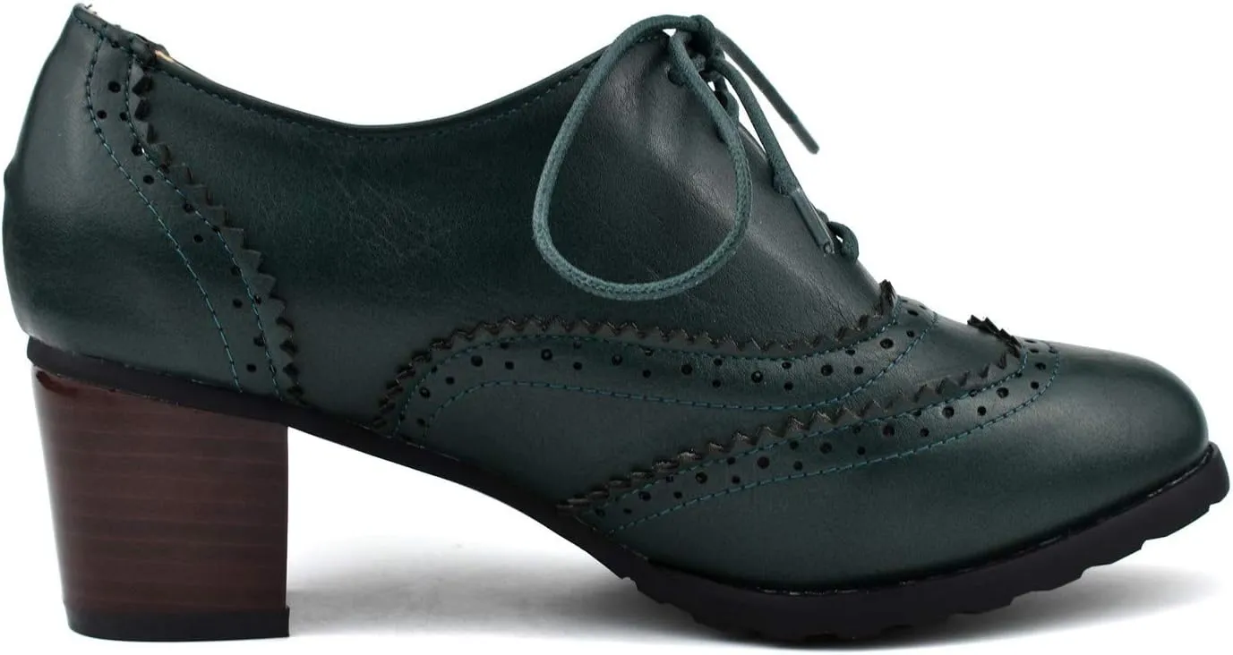 100FIXEO Women Block Heel Wingtip Oxford Shoes Vintage Chunky Heel Saddle Shoes