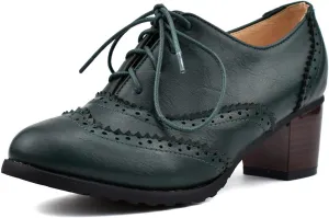 100FIXEO Women Block Heel Wingtip Oxford Shoes Vintage Chunky Heel Saddle Shoes