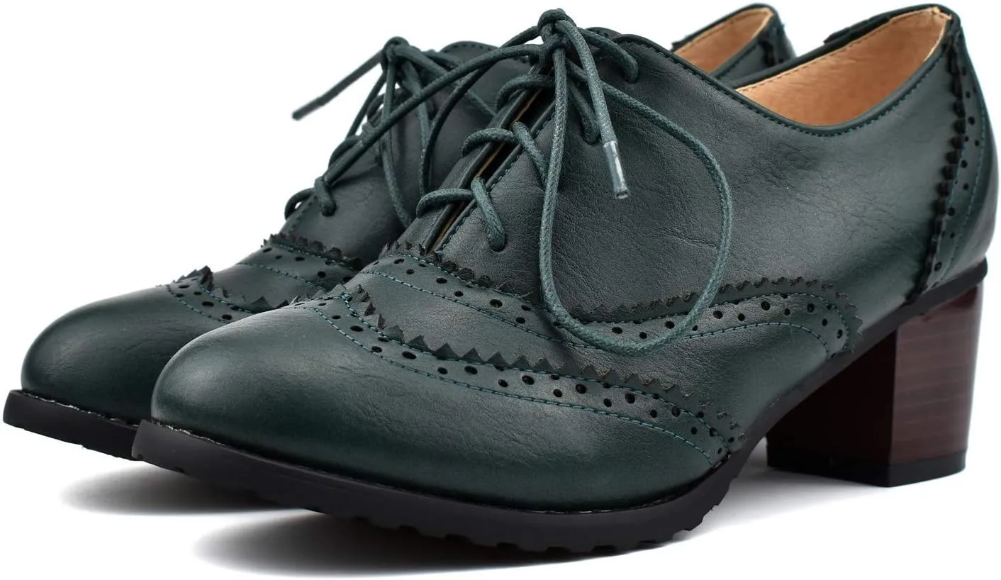 100FIXEO Women Block Heel Wingtip Oxford Shoes Vintage Chunky Heel Saddle Shoes