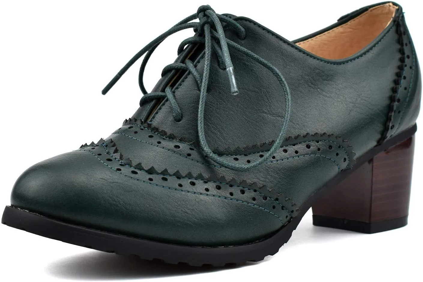 100FIXEO Women Block Heel Wingtip Oxford Shoes Vintage Chunky Heel Saddle Shoes
