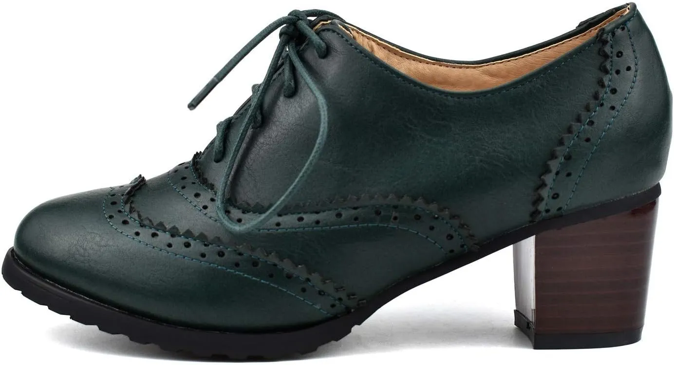100FIXEO Women Block Heel Wingtip Oxford Shoes Vintage Chunky Heel Saddle Shoes