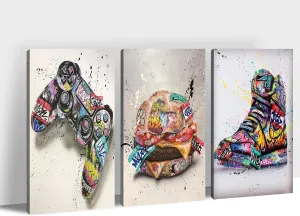 3-Pieces Colorful Sneaker Banksy Canvas-Wall-Art, Cool Gamepad Graffiti Banksy Street Canvas Painting for Boys Room Wall Decor, Pop Art Print Trippy Framed Poster for Kids Room Decor (16x24x3Pcs)