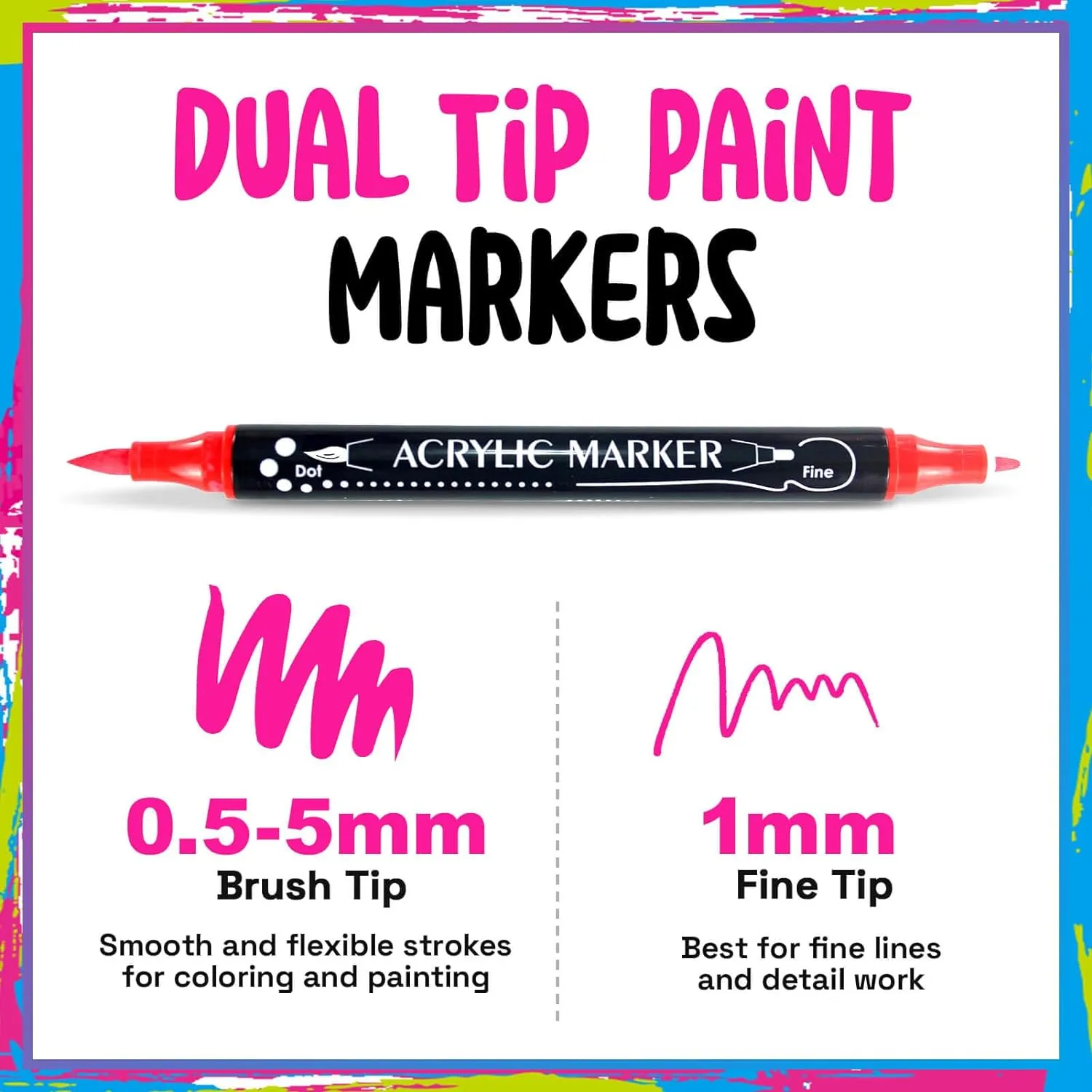 36 Colors Dual Tip Acrylic Paint Markers,Fine Tip and Brush Tip Permanent Acrylic Paint Pens For Rock Painting, Canvas, Wood, Glass, Ceramic, Fabric, Plastic, Egg, Scrapbook,Art Painting Supplies Kit
