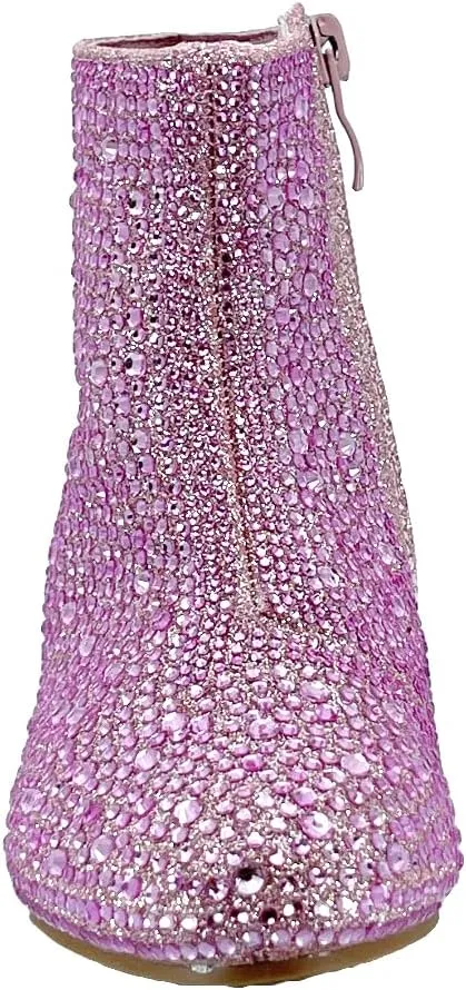 ABSOLEX Girle's Rhinestone Round Toe Block Chunky Low Heel Ankle Booties
