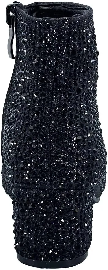 ABSOLEX Girle's Rhinestone Round Toe Block Chunky Low Heel Ankle Booties
