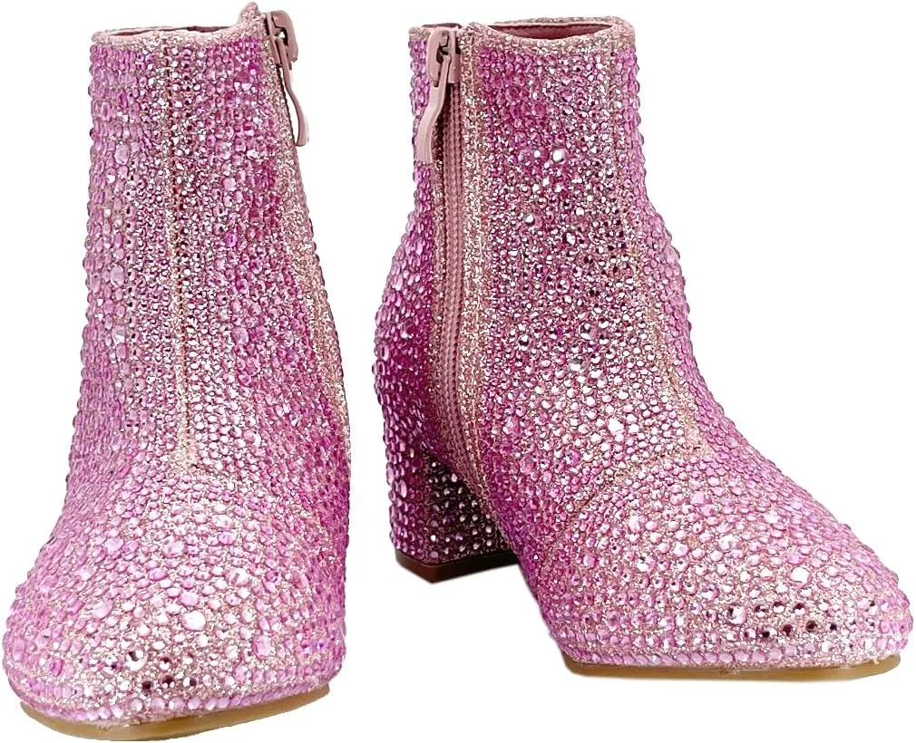 ABSOLEX Girle's Rhinestone Round Toe Block Chunky Low Heel Ankle Booties