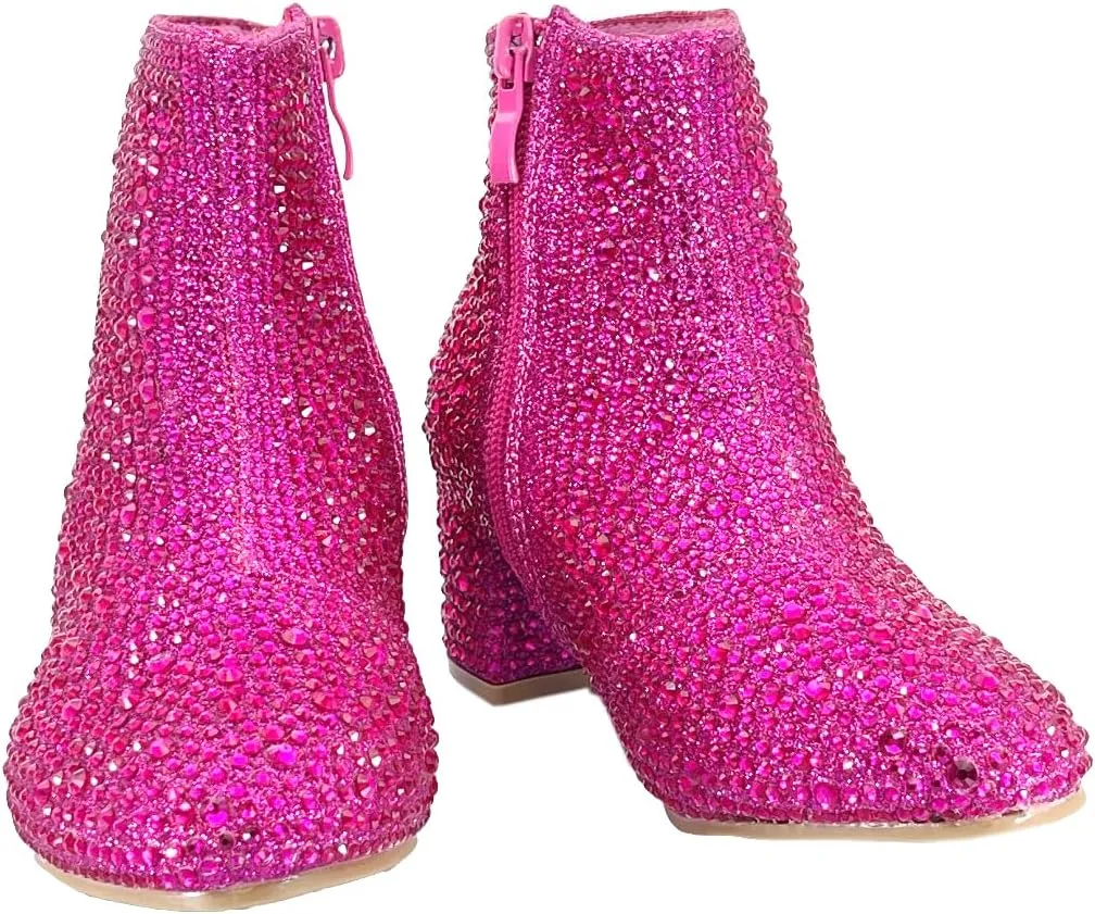 ABSOLEX Girle's Rhinestone Round Toe Block Chunky Low Heel Ankle Booties