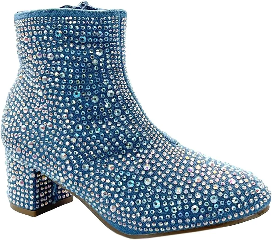 ABSOLEX Girle's Rhinestone Round Toe Block Chunky Low Heel Ankle Booties