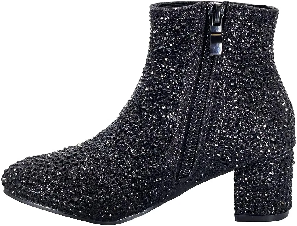 ABSOLEX Girle's Rhinestone Round Toe Block Chunky Low Heel Ankle Booties