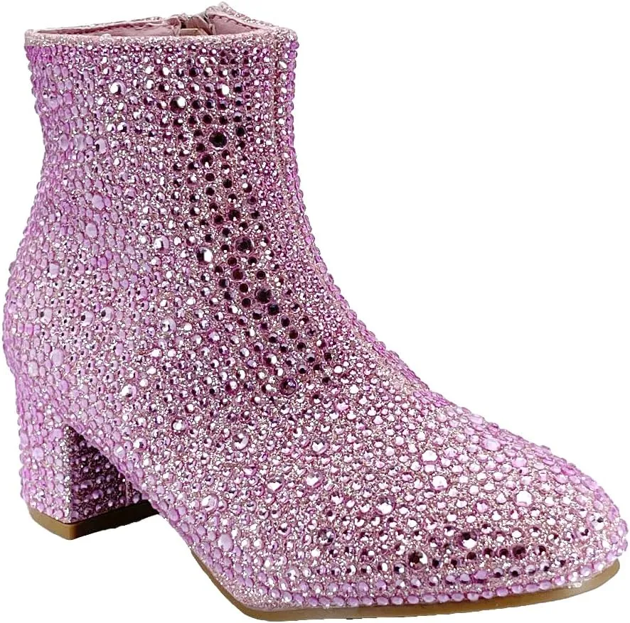 ABSOLEX Girle's Rhinestone Round Toe Block Chunky Low Heel Ankle Booties