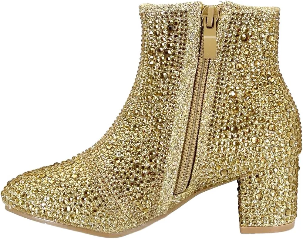 ABSOLEX Girle's Rhinestone Round Toe Block Chunky Low Heel Ankle Booties