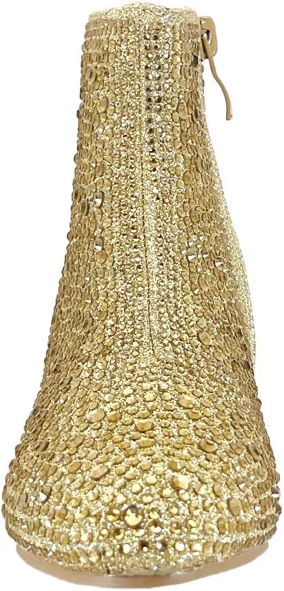 ABSOLEX Girle's Rhinestone Round Toe Block Chunky Low Heel Ankle Booties