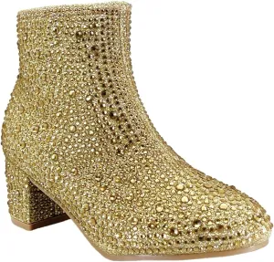 ABSOLEX Girle's Rhinestone Round Toe Block Chunky Low Heel Ankle Booties