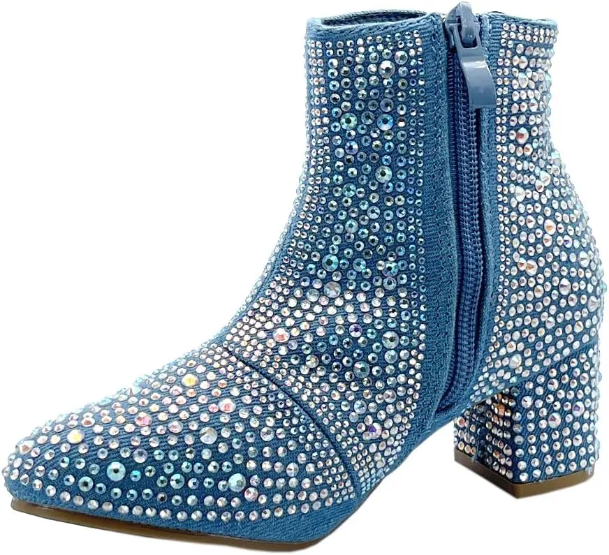 ABSOLEX Girle's Rhinestone Round Toe Block Chunky Low Heel Ankle Booties