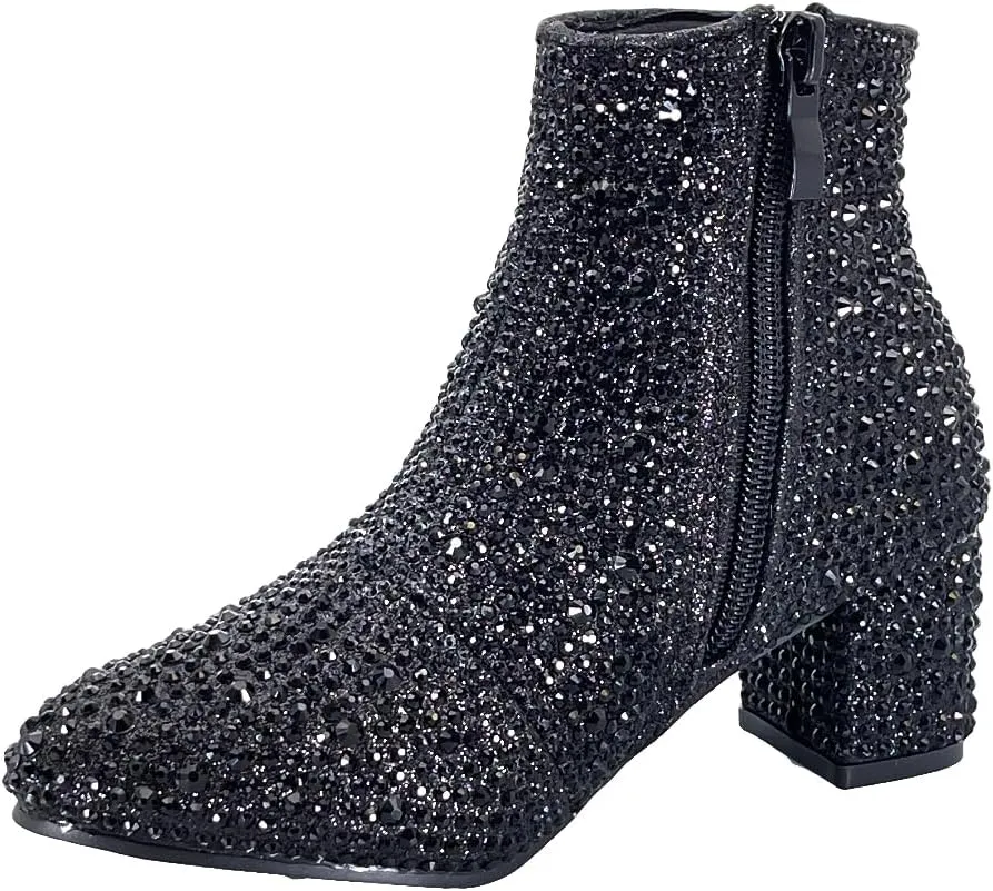 ABSOLEX Girle's Rhinestone Round Toe Block Chunky Low Heel Ankle Booties