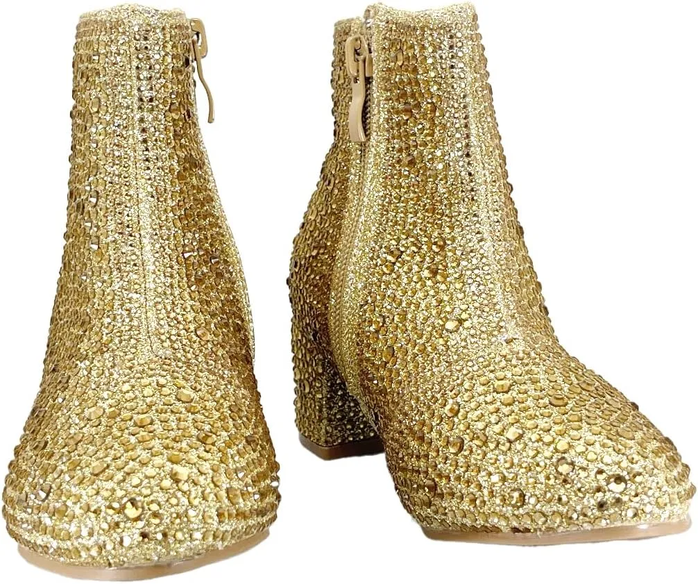 ABSOLEX Girle's Rhinestone Round Toe Block Chunky Low Heel Ankle Booties