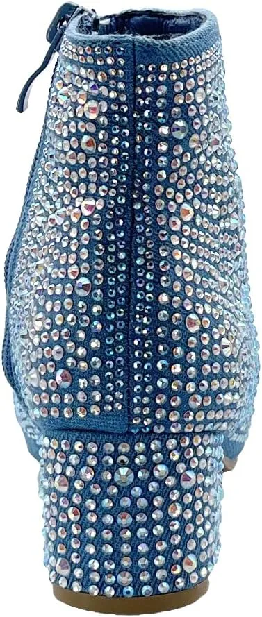 ABSOLEX Girle's Rhinestone Round Toe Block Chunky Low Heel Ankle Booties
