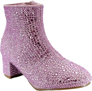 ABSOLEX Girle's Rhinestone Round Toe Block Chunky Low Heel Ankle Booties