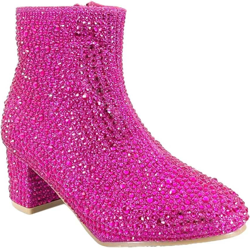 ABSOLEX Girle's Rhinestone Round Toe Block Chunky Low Heel Ankle Booties