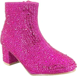 ABSOLEX Girle's Rhinestone Round Toe Block Chunky Low Heel Ankle Booties
