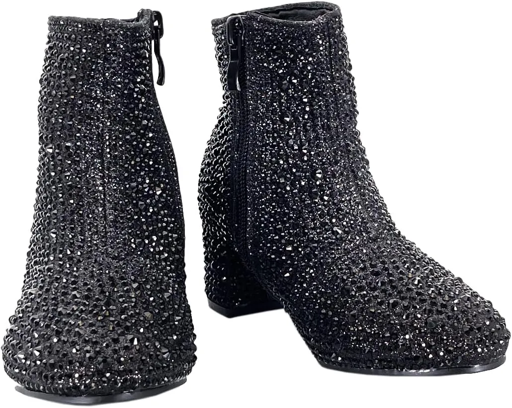 ABSOLEX Girle's Rhinestone Round Toe Block Chunky Low Heel Ankle Booties