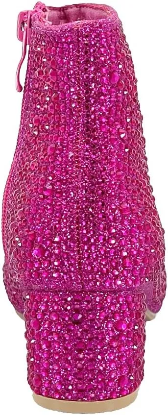 ABSOLEX Girle's Rhinestone Round Toe Block Chunky Low Heel Ankle Booties