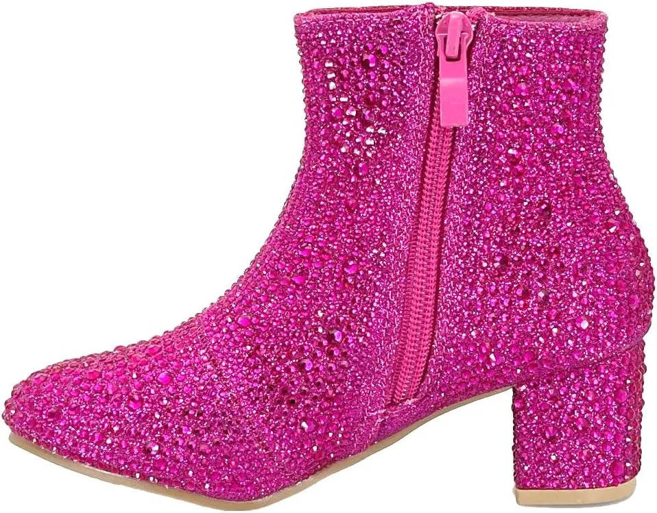ABSOLEX Girle's Rhinestone Round Toe Block Chunky Low Heel Ankle Booties