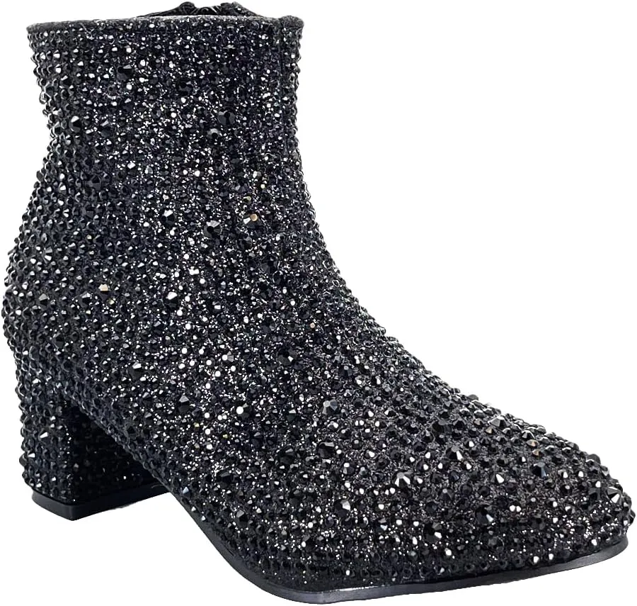 ABSOLEX Girle's Rhinestone Round Toe Block Chunky Low Heel Ankle Booties