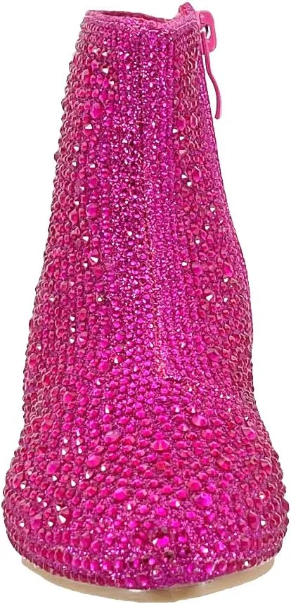 ABSOLEX Girle's Rhinestone Round Toe Block Chunky Low Heel Ankle Booties