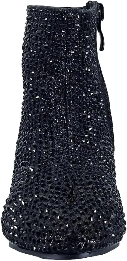 ABSOLEX Girle's Rhinestone Round Toe Block Chunky Low Heel Ankle Booties