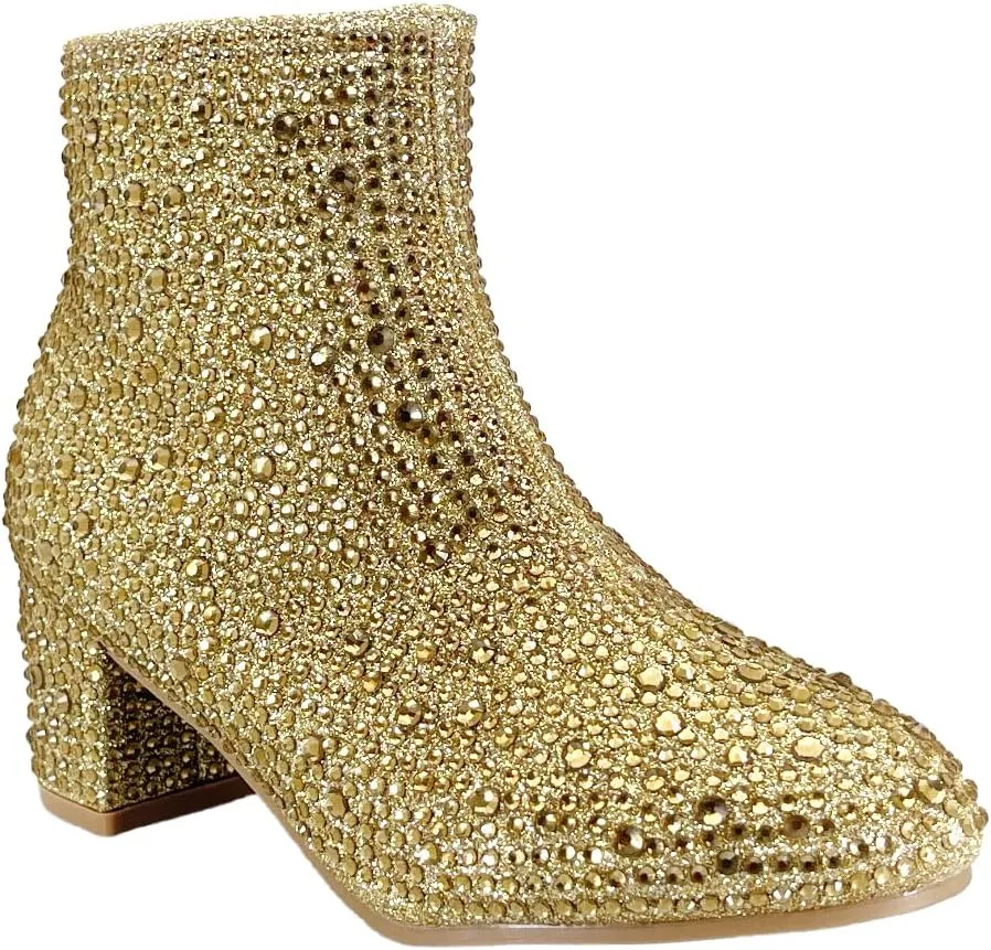 ABSOLEX Girle's Rhinestone Round Toe Block Chunky Low Heel Ankle Booties