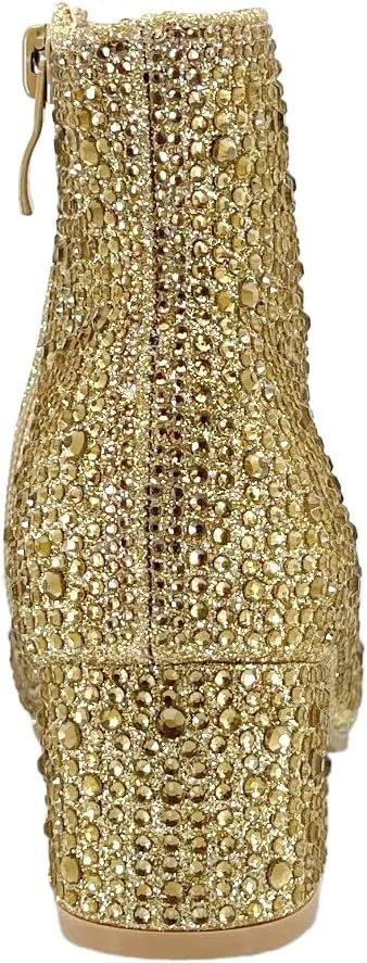 ABSOLEX Girle's Rhinestone Round Toe Block Chunky Low Heel Ankle Booties