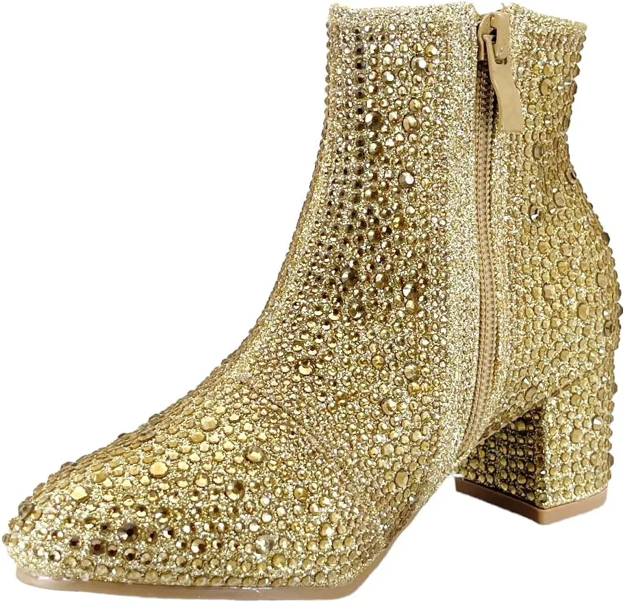 ABSOLEX Girle's Rhinestone Round Toe Block Chunky Low Heel Ankle Booties