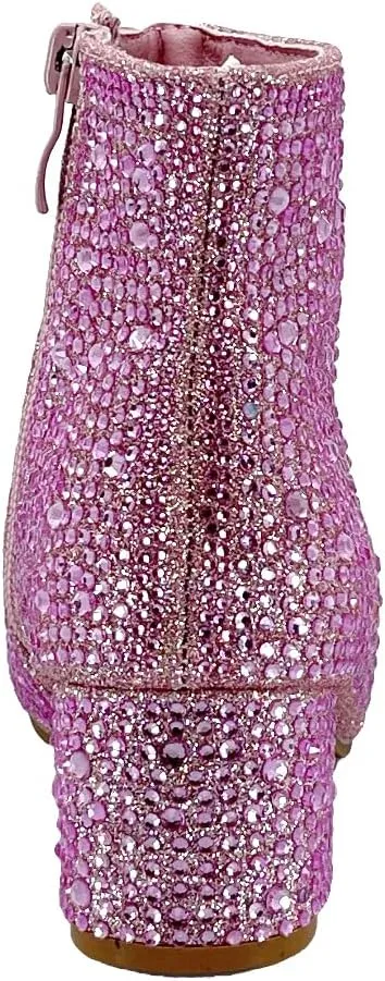 ABSOLEX Girle's Rhinestone Round Toe Block Chunky Low Heel Ankle Booties