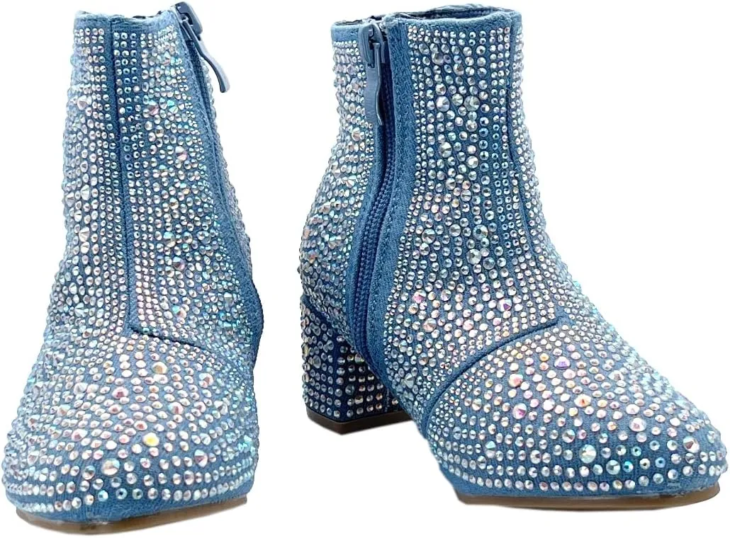 ABSOLEX Girle's Rhinestone Round Toe Block Chunky Low Heel Ankle Booties