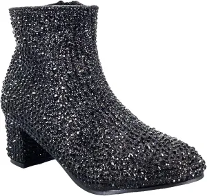 ABSOLEX Girle's Rhinestone Round Toe Block Chunky Low Heel Ankle Booties