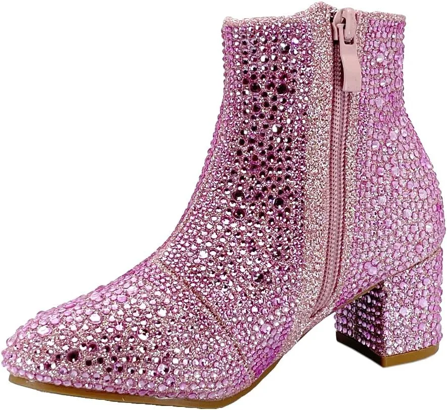 ABSOLEX Girle's Rhinestone Round Toe Block Chunky Low Heel Ankle Booties