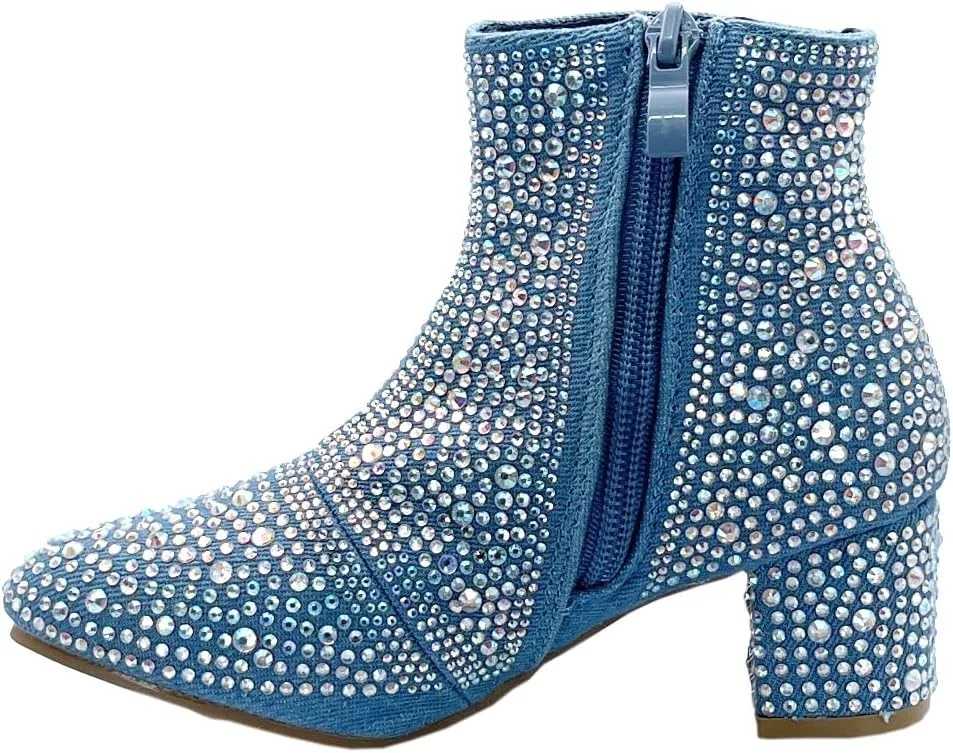 ABSOLEX Girle's Rhinestone Round Toe Block Chunky Low Heel Ankle Booties