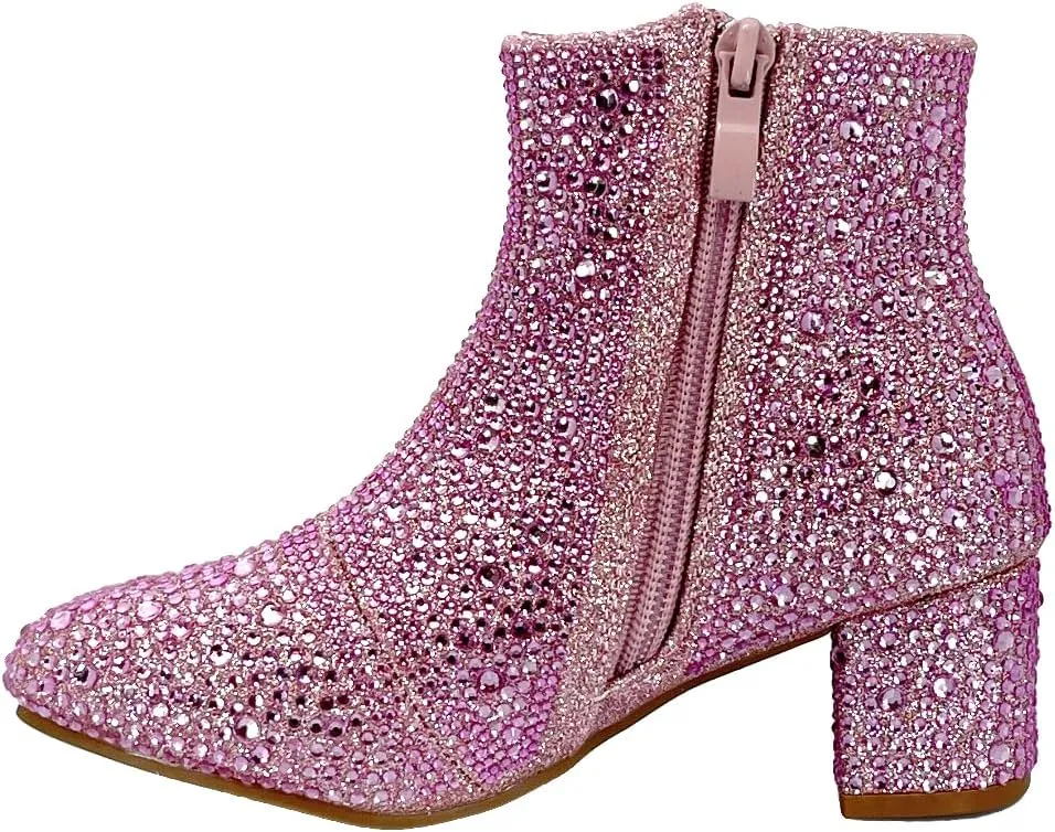 ABSOLEX Girle's Rhinestone Round Toe Block Chunky Low Heel Ankle Booties