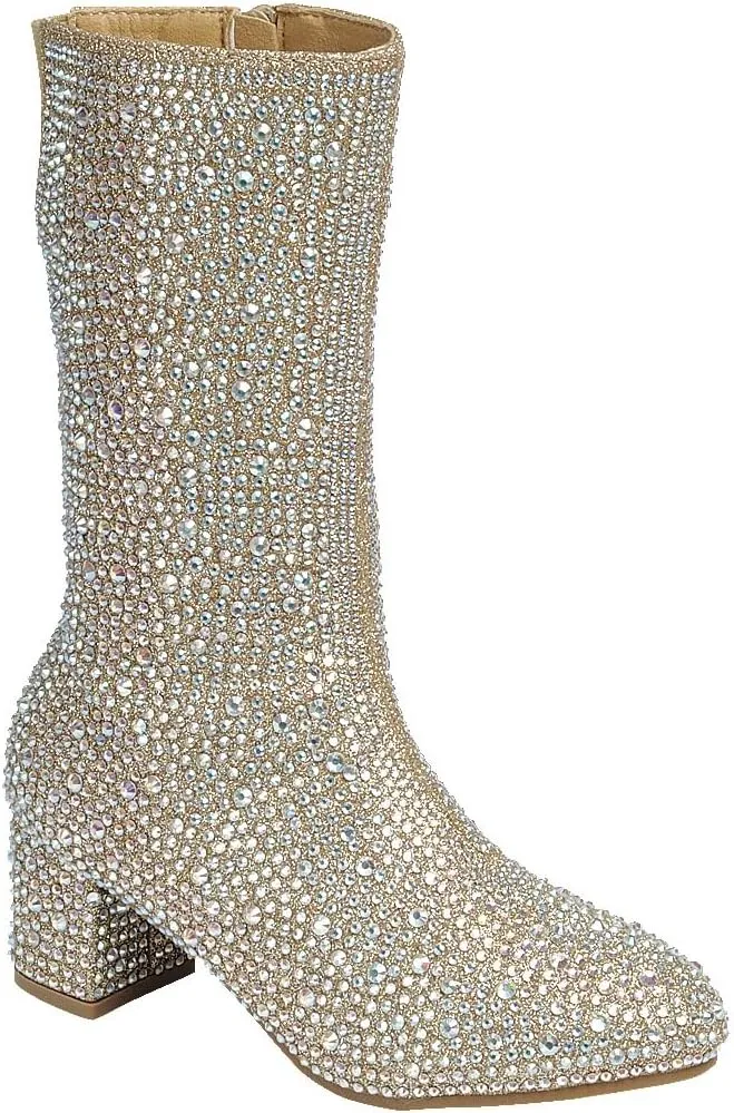 ABSOLEX Girl's Rhinestone Round Toe Knee High Chunky Low Heel Boot
