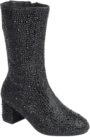 ABSOLEX Girl's Rhinestone Round Toe Knee High Chunky Low Heel Boot