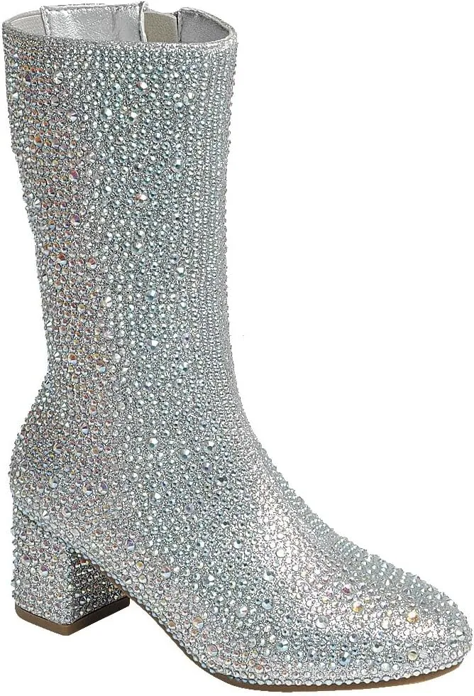 ABSOLEX Girl's Rhinestone Round Toe Knee High Chunky Low Heel Boot