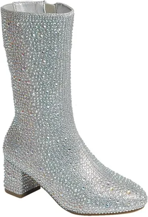 ABSOLEX Girl's Rhinestone Round Toe Knee High Chunky Low Heel Boot