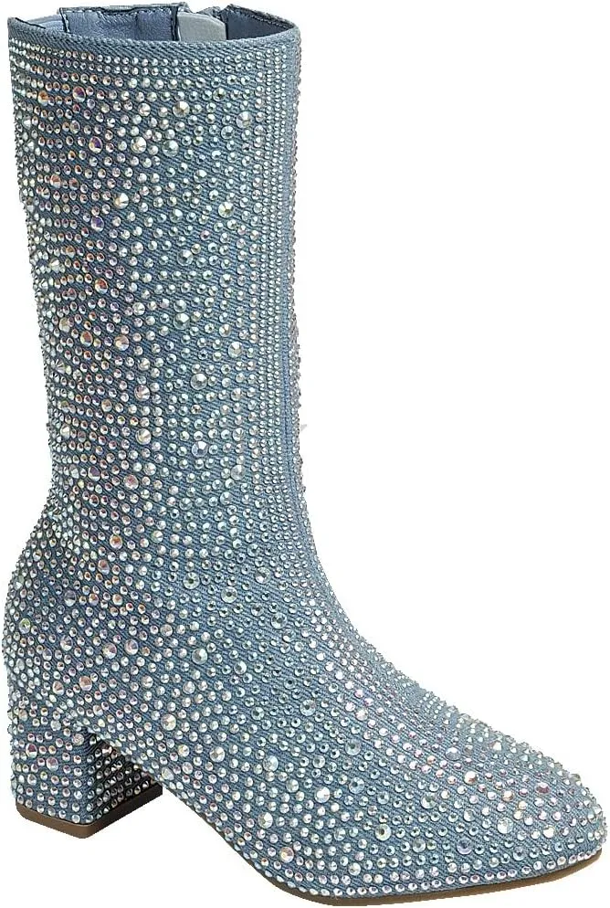 ABSOLEX Girl's Rhinestone Round Toe Knee High Chunky Low Heel Boot