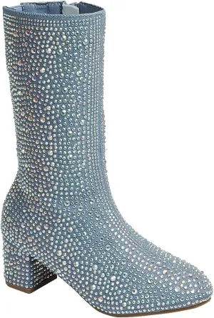 ABSOLEX Girl's Rhinestone Round Toe Knee High Chunky Low Heel Boot