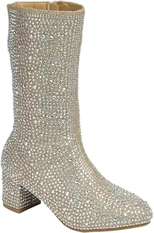 ABSOLEX Girl's Rhinestone Round Toe Knee High Chunky Low Heel Boot