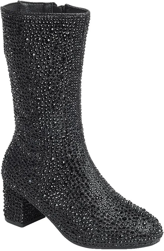 ABSOLEX Girl's Rhinestone Round Toe Knee High Chunky Low Heel Boot
