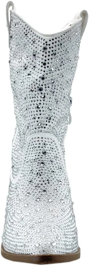 ABSOLEX Girls' Western Cowgirl Cowboy Pointed Toe Rhinestone Low Heel Boots