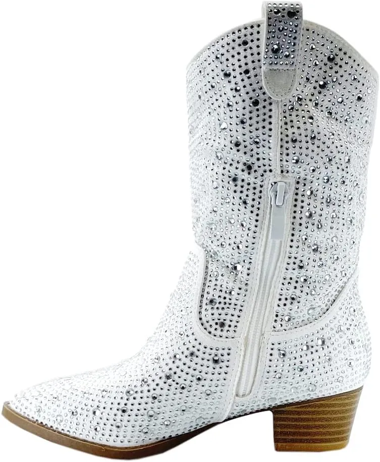 ABSOLEX Girls' Western Cowgirl Cowboy Pointed Toe Rhinestone Low Heel Boots