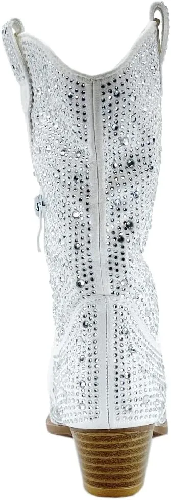 ABSOLEX Girls' Western Cowgirl Cowboy Pointed Toe Rhinestone Low Heel Boots